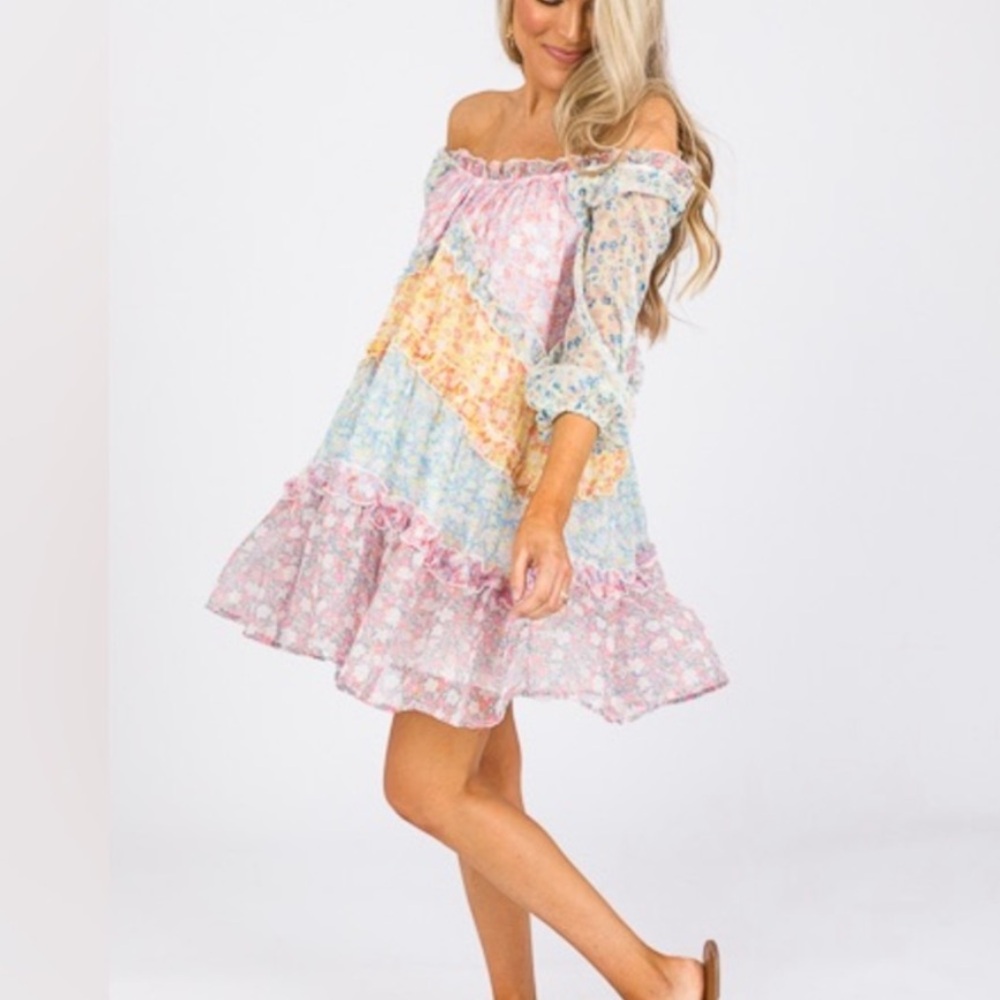 Love Colette Maisie Mini Cottage Babydoll Patchwork Floral Off-Shoulder L Dress - Picture 5 of 13